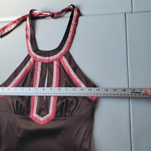 Y2K Bebe Halter Tank Top Womens XS Brown Pink Silk Embroidered Floral Boho - Picture 6 of 9